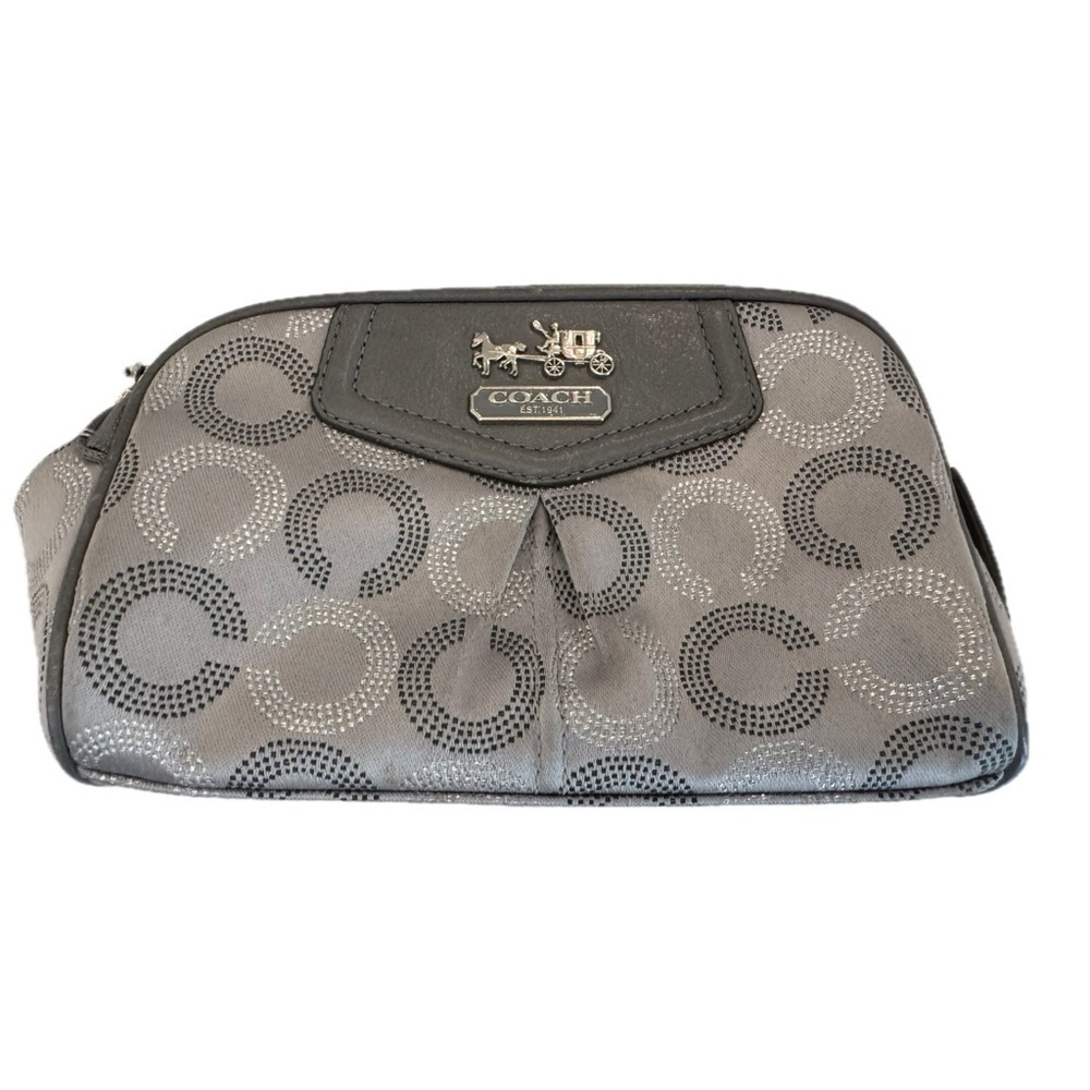 Coach Gray Silver Optic C Vintage Y2K Satin & Leather Carriage Cosmetic Zip Bag - Picture 11 of 12